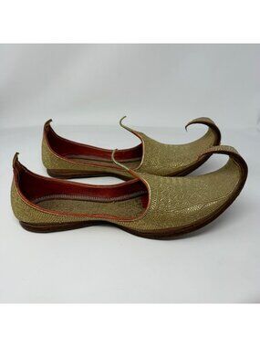 Vintage India Pakistan Punjab Gold Embroidered Jutti Curl Toe Shoes Sz 7M, 9W